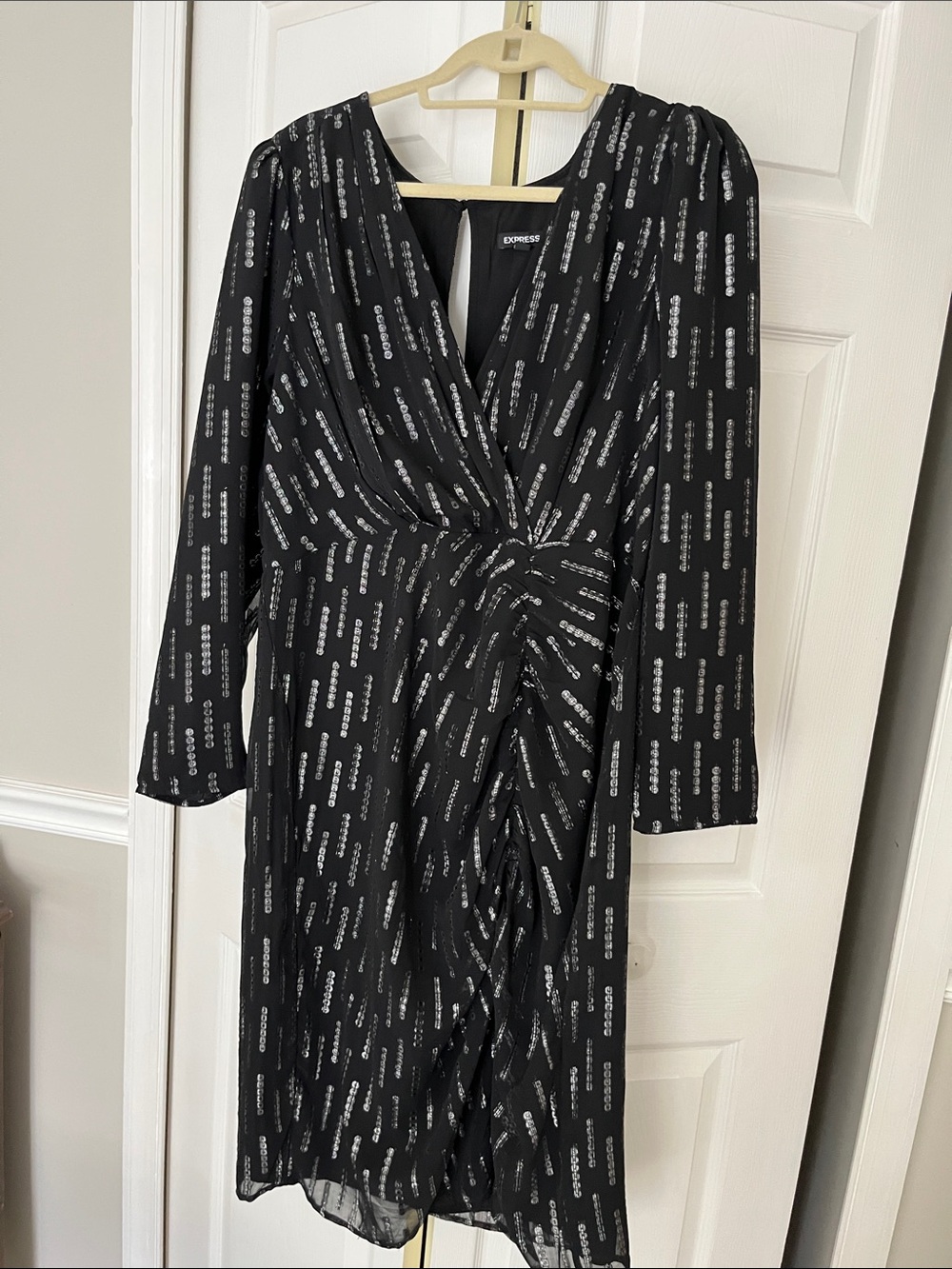 Express Black Long-Sleeve Wrap Dress with Silver Sequin Print